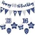 Dark blue and silver Happy 16th Birthday party banner set with hanging swirls and bunting - Three-piece Set For 16-year-olds (pendant Flag + Pennant + Hanging Pennant)