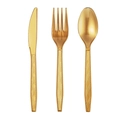 Detail of disposable gold cutlery set with diamond-patterned handles on white background - Gold