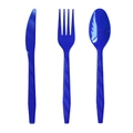 Close-up of dark blue plastic cutlery set including knife, fork and spoon for parties - Dark Blue