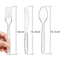 Detailed view of clear disposable cutlery set showing length specs and textured handles - Clear