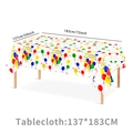 Macro shot of waterproof PEVA birthday tablecloth with colorful balloons and Happy Birthday print - Polka Dot Tablecloth