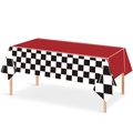 Racing party tablecloth with solid red top and black and white checkered side pattern - Red Top with Checkered Edge Tablecloth / 137x274cm