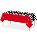Racing car themed rectangular table cover with checkered flag and racetrack design - Race Track Bright Red Tablecloth / 137x274cm