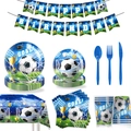 Blue football world cup theme party supplies set with paper plates and birthday banner - Football Party Tableware 9-Piece Set (97 Pcs/Set)