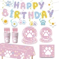 Set festa di compleanno rosa con impronte di zampe e margherite e stoviglie monouso - Piatti di Carta da 7 Pollici / Stampa Zampa Rosa