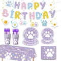 Kit festa zampa viola con striscione Happy Birthday, piatti, tazze e tovaglia - Piatti di Carta da 7 Pollici / Stampa Zampa Viola