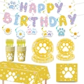 Set festa con impronte di zampe gialle con striscione di compleanno e stoviglie monouso - Piatti di Carta da 7 Pollici / Zampa di Cane Gialla