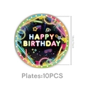 Set of 10 round 7-inch neon Happy Birthday paper plates with retro disco theme design - Round Paper Plates