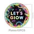 Detail of 9-inch Let's Glow neon party paper plates showing dimensions and 10pcs set pack - Large Round Paper Plates