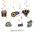 Neon disco party decorations featuring six colorful hanging spiral foil swirls - Spiral Hanging Decorations