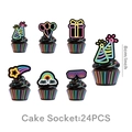Detailed view of 24pcs neon disco party cake toppers with six vibrant 8cm designs - Cupcake Toppers