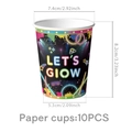 Neon disco party paper cups featuring Let's Glow design with detailed size dimensions - Paper Cup