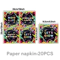 Detail of neon birthday paper napkins with Let's Glow print and 20pcs specification - Party Napkins