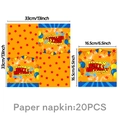 Detail of 20pcs orange birthday napkins with Happy Birthday text and size dimensions - Napkins