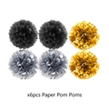 6er-Set Papier-Pompons in Schwarz Gold und Silber für die Silvesterparty-Deko 2026 - Party-Papier-Pom-Poms