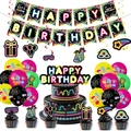 Neon disco birthday party decoration set with Happy Birthday banner and glow balloons - Five-Piece Decor (Banner, Spiral, Balloon, Topper)