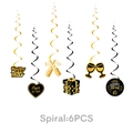 6PCS black and gold spiral ornaments with Happy New Year motifs for party decoration - 6pcs Set