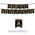 Detail of Happy New Year banner with dimensions showing 13 black and gold bunting flags - Black Gold New Year Banner / 13 Pieces