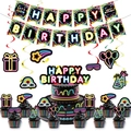 Neon glow theme birthday party decoration set with banners and cake toppers - Four-Piece Decor (Banner, Spiral, Topper)
