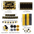 2026 New Year Party Decoration Set with black gold balloons and banner banner background - Black Gold New Year 8-Piece Set / Backdrop+Tablecloth+Banner+Curtain+Balloon+PomPom+Spiral