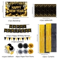 Detailed overview of black gold 2026 New Year party decoration set with dimensions - Black Gold New Year 7-Piece Set / Backdrop+Tablecloth+Banner+Curtain+Balloon+Paper PomPoms