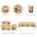 Detailed set of vintage book theme party tableware with sizes and quantities included - Tableware Set B (Plates Cup Napkin Tablecloth)