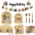 Detail of vintage book-themed party tableware set including paper plates, cups and napkins - Complete Tableware Bundle (Full Set Banner Tablecloth)