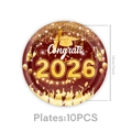 Detailansicht der 18cm Congrats 2026 Abschluss-Pappteller mit Goldglitzer und Silhouetten - Pappteller - Weinrot Gold Abschluss / 7 Zoll 10 STK