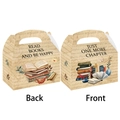 Detail of vintage book themed gift boxes showing front and back designs with literary motifs - Horn Box (Retro Books)