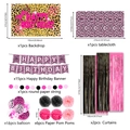 Pink leopard print birthday party set including banner, balloons, and tablecloth detail - Pink Leopard / 7-Piece Luxury Set (Banner + Backdrop + Balloons + Pom Poms + String Garland + Curtains + Tablecloth)
