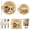Vintage book themed party tableware set with paper plates, cups and gold cutlery - Tableware Set D (Plates Cup Napkin Cutlery)