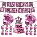 Kit d'anniversaire léopard rose avec bannière, ballons et décorations de gâteau - Ensemble de Décoration / Set de 4 pièces
