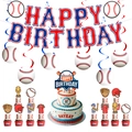 Baseball Geburtstagsparty Deko Set mit rot-blauen Banner und Kuchendekorationen - 4-Teiliges Set: Banner + Großer Stecker + Kleine Stecker + Spiralen