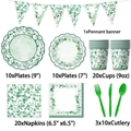 Kit de vaisselle jetable thème eucalyptus avec assiettes serviettes et bannière - Ensemble de 8 Pièces (Feuille d'Eucalyptus)
