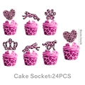 Lot de 24 décorations de gâteau imprimé léopard rose avec cœurs et couronnes de fête - Décorations pour cupcakes / Lot de 24