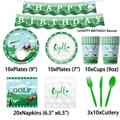 Detailed set of golf themed birthday party tableware with plates cups napkins and banner - 8-Piece Tableware Set (95 Pcs)