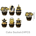 Dettaglio di 24 decorazioni per torta pensione glitter nero e oro con vari temi - Topper per cupcake