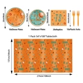 Detail set of orange disposable party plates, napkins and tablecloth with TS typography - 51-Piece Tableware 5-Item Set