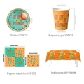 Detail of party tableware set with orange Taylor theme disposable plates and napkins - 41-Piece Tableware 4-Item Set