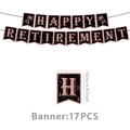 Détail de la bannière Happy Retirement pailletée or rose avec dimensions et 17 pièces - Bannière 17 Pièces
