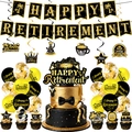 Deko-Set zum Ruhestand in Schwarz und Gold mit Banner, Luftballons und Tortenaufsätzen - Banner Spiralen Luftballons Großer Kuchendeckel Kleine Cupcake-Aufsätze