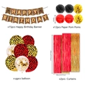Party-Set mit Leoparden-Banner, Ballons, Papierblumen und Folienvorhängen in Rot und Gold - Foto 4-Teiliges Set (Banner + Ballons + Pom Poms + Lamettavorhänge)