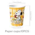 Pack of 10 yellow checkered Snoopy themed party paper cups with detailed dimensions - Paper Cups: 10 Pcs