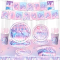 Set de vaisselle d'anniversaire Kpop holographique rose avec bannière et motifs disco - Ensemble de Luxe 10 Pièces Vaisselle et Bannière