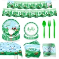 Golf theme birthday party set including happy birthday banner, plates, and green cutlery - Tableware 9-Piece Set