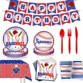 Detailliertes Baseball-Partygeschirr-Set mit Bannern, Tellern und einer Tischdecke - 9-teiliges Set (7-Zoll-Teller 10 + 9-Zoll-Teller 10 + Pappbecher 10 + Serviette 20 + Tischdecke 1 + Banner 1 + Besteck 30)