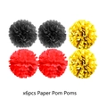 Set of 6 paper pom poms in red, black, and yellow for birthday party decorations - Decorative Pom Poms / Set of 6
