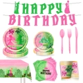 Set de vaisselle de fête rose et vert avec assiettes, gobelets et bannière d'anniversaire - Ensemble Vaisselle 9 Pièces (Assiettes Gobelets Couverts Nappe Bannière)