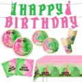 Kit de fête d'anniversaire rose et vert avec bannière assiettes gobelets et nappe - Ensemble Vaisselle 6 Pièces (Assiettes Gobelets Serviettes Nappe Bannière)