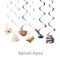 Set of 6 vintage hanging swirls with watercolor book and quill stationery patterns - Spiral Decor (Retro Books)
